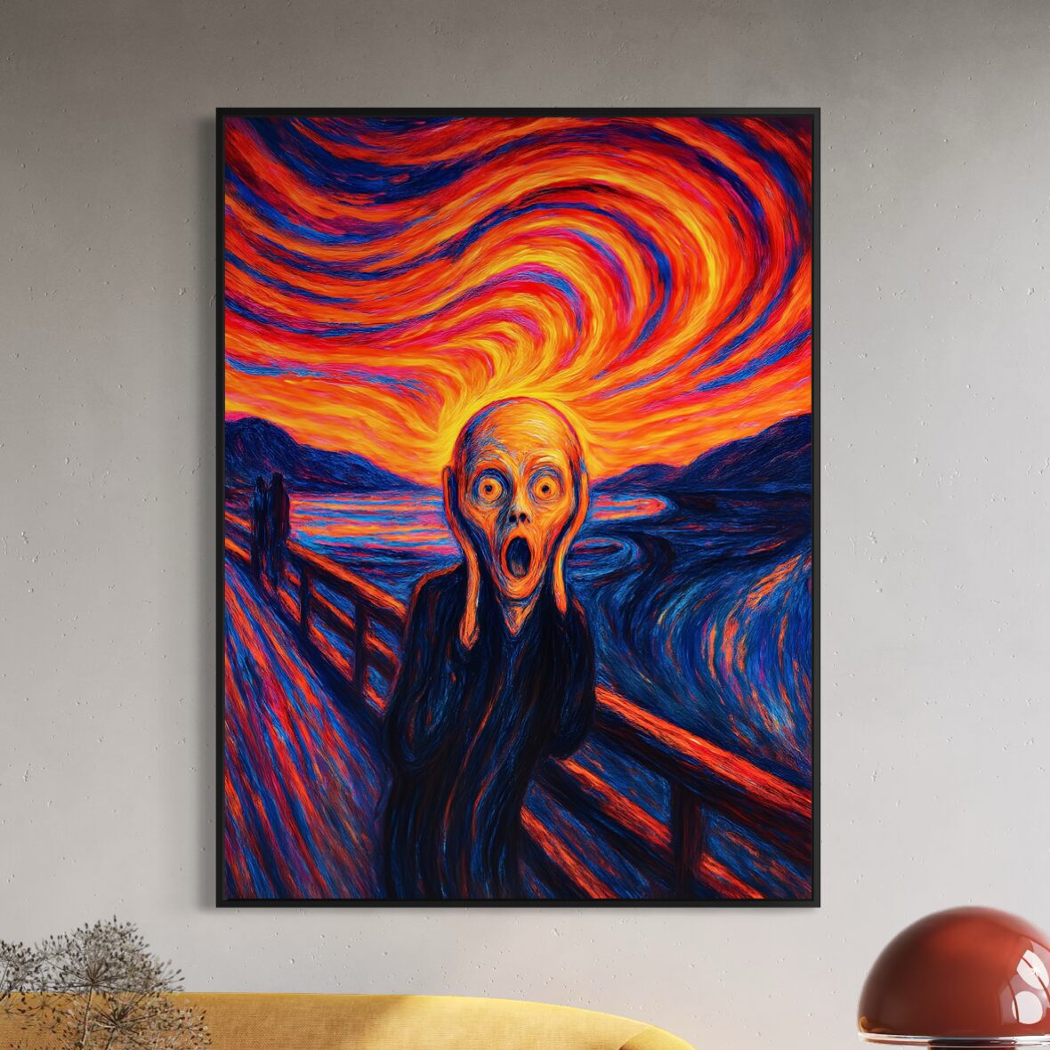 Le Cri de l’Âme – Tableau Expressionniste Contemporain | SPEKTRA Tableau Le Cri de l’Âme encadré dans un salon contemporain mettant en valeur les couleurs intenses et l’expression dramatique de l’œuvre