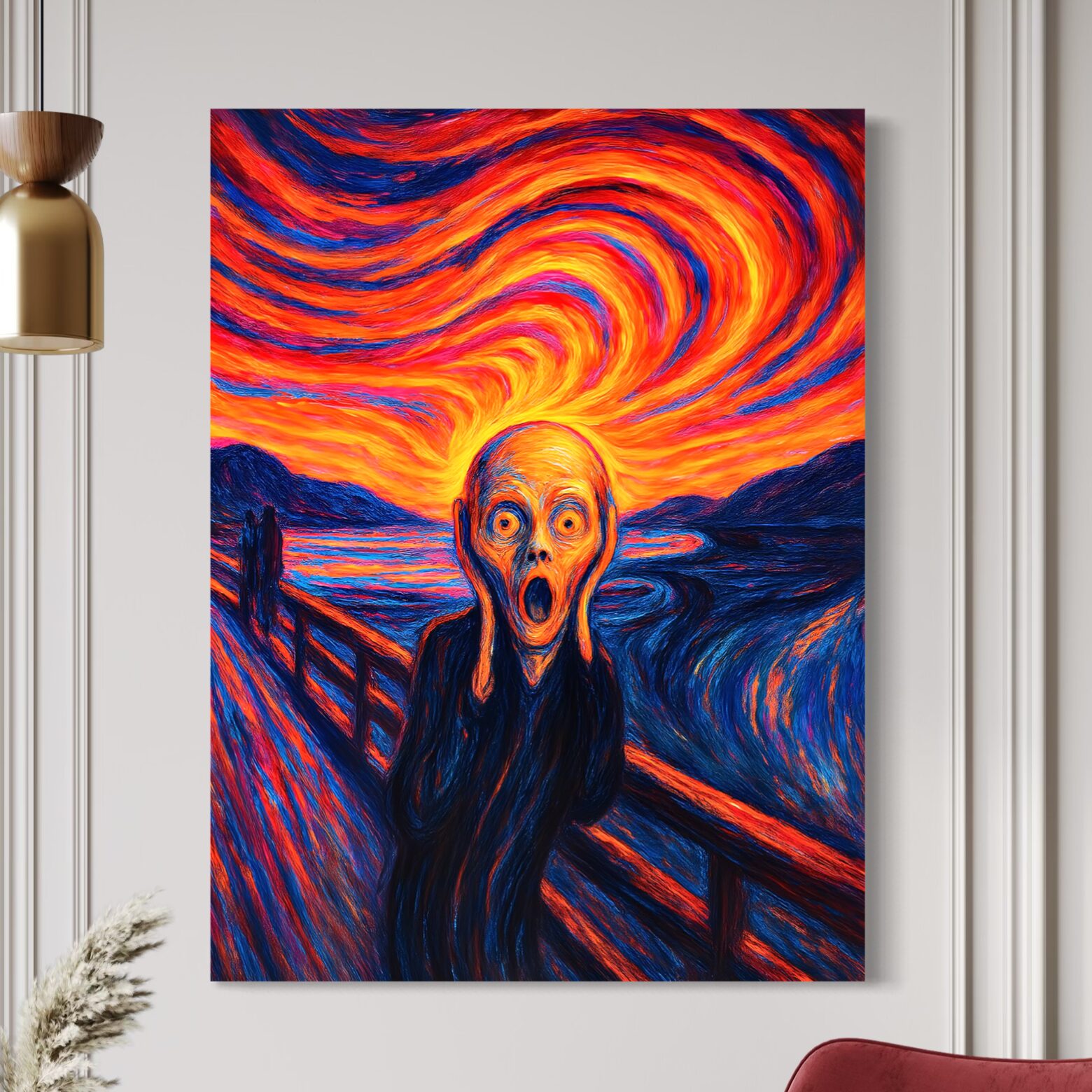 Le Cri de l’Âme – Tableau Expressionniste Contemporain | SPEKTRA Tableau Le Cri de l’Âme exposé dans un salon contemporain mettant en valeur une composition expressionniste aux couleurs rouge, orange et bleu intense