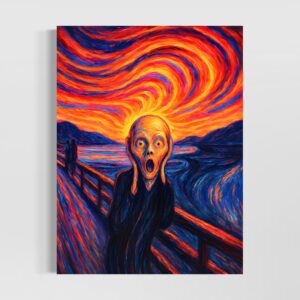Accueil Tableau Le Cri de l’Âme représentant une silhouette expressionniste dans un paysage tourmenté aux couleurs rouge, orange et bleu intense