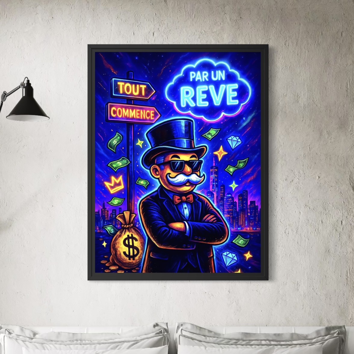 Tableau Le Visionnaire Monopoly – Richesse, réussite et liberté financière Tableau Le Visionnaire inspiré du Monopoly symbolisant le mindset millionnaire, la richesse, l'investissement, l'entrepreneuriat et la liberté financière dans une décoration murale moderne.