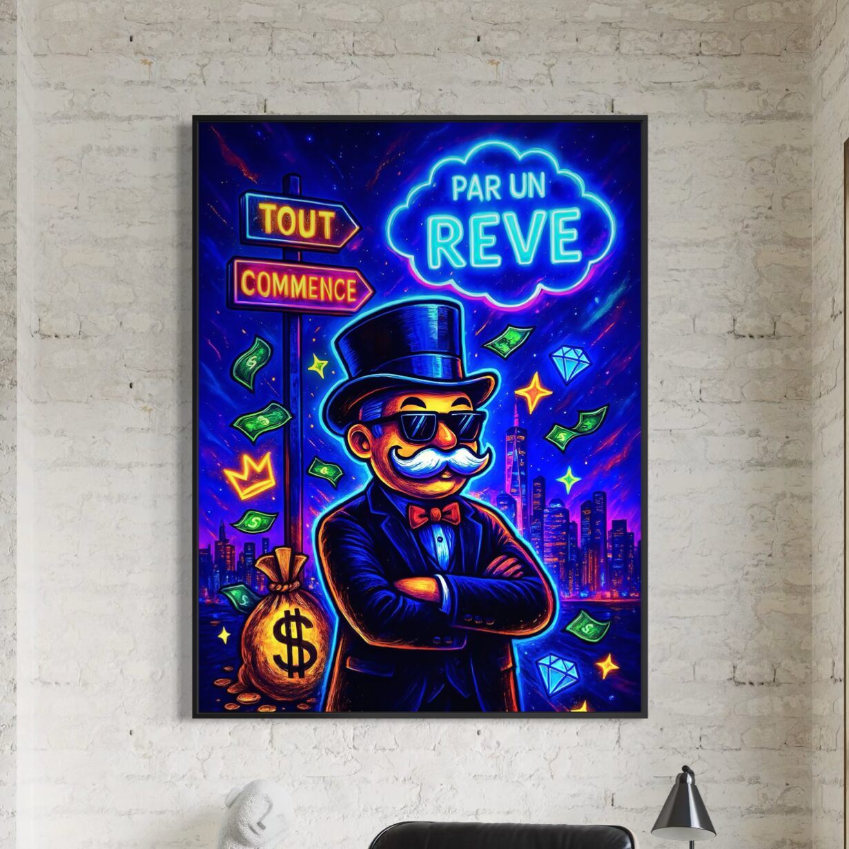 Tableau Le Visionnaire Monopoly – Richesse, réussite et liberté financière Tableau Le Visionnaire inspiré du Monopoly représentant la richesse, l'abondance, la réussite financière, l'investissement et la liberté financière dans un bureau moderne.