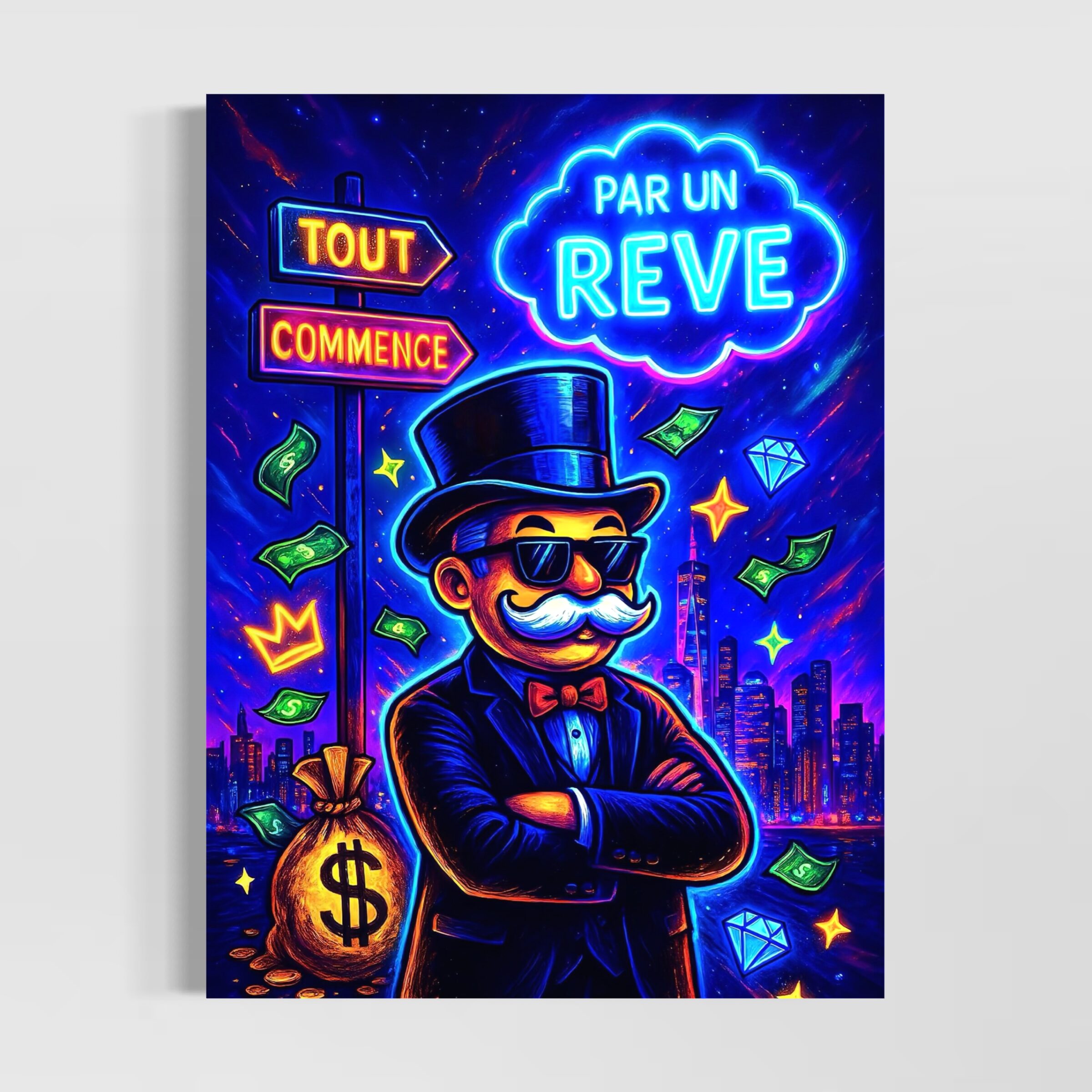 Tableau Le Visionnaire Monopoly – Richesse, réussite et liberté financière Tableau Le Visionnaire représentant un personnage inspiré du Monopoly devant une skyline futuriste avec billets, diamants et message « Tout commence par un rêve », symbole de richesse, d'entrepreneuriat et de liberté financière.