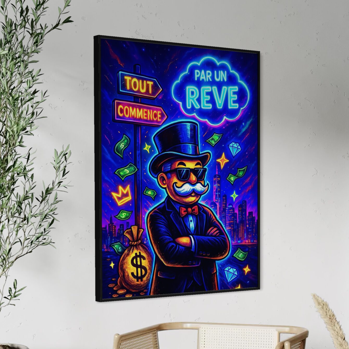 Tableau Le Visionnaire Monopoly – Richesse, réussite et liberté financière Tableau Le Visionnaire inspiré du Monopoly représentant la richesse, l'entrepreneuriat, l'investissement et la liberté financière dans une décoration intérieure moderne et élégante.