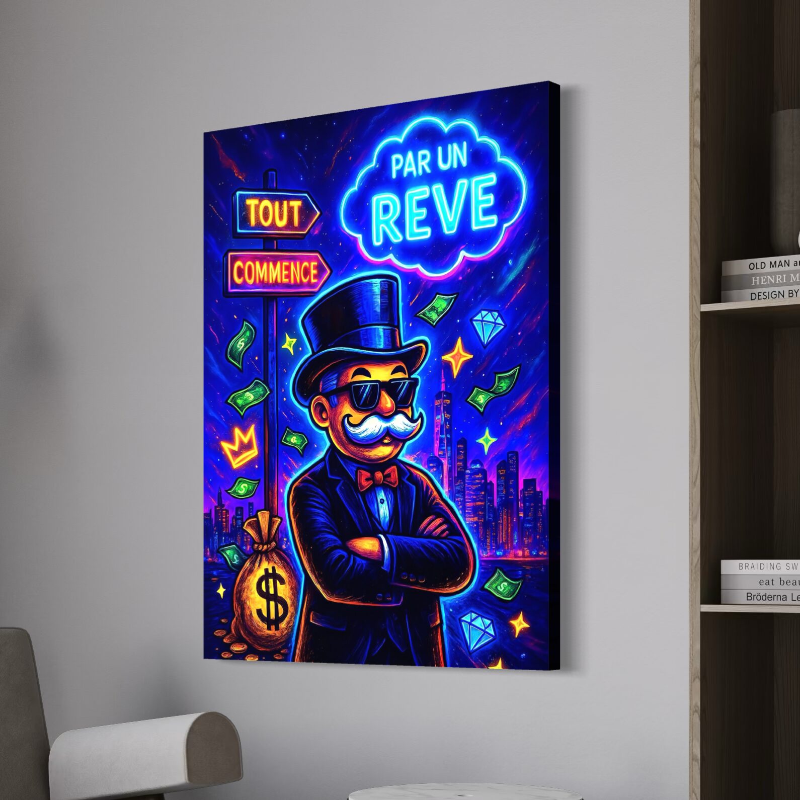 Tableau Le Visionnaire Monopoly – Richesse, réussite et liberté financière Tableau Le Visionnaire inspiré du Monopoly représentant la richesse, la réussite financière, l'entrepreneuriat, l'investissement et la liberté financière dans un intérieur moderne.