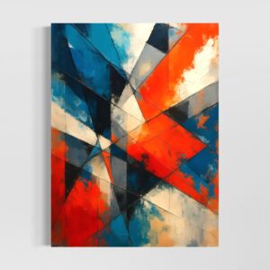 Tableau Lignes de Force abstrait géométrique contemporain aux formes angulaires bleues, rouges et blanches