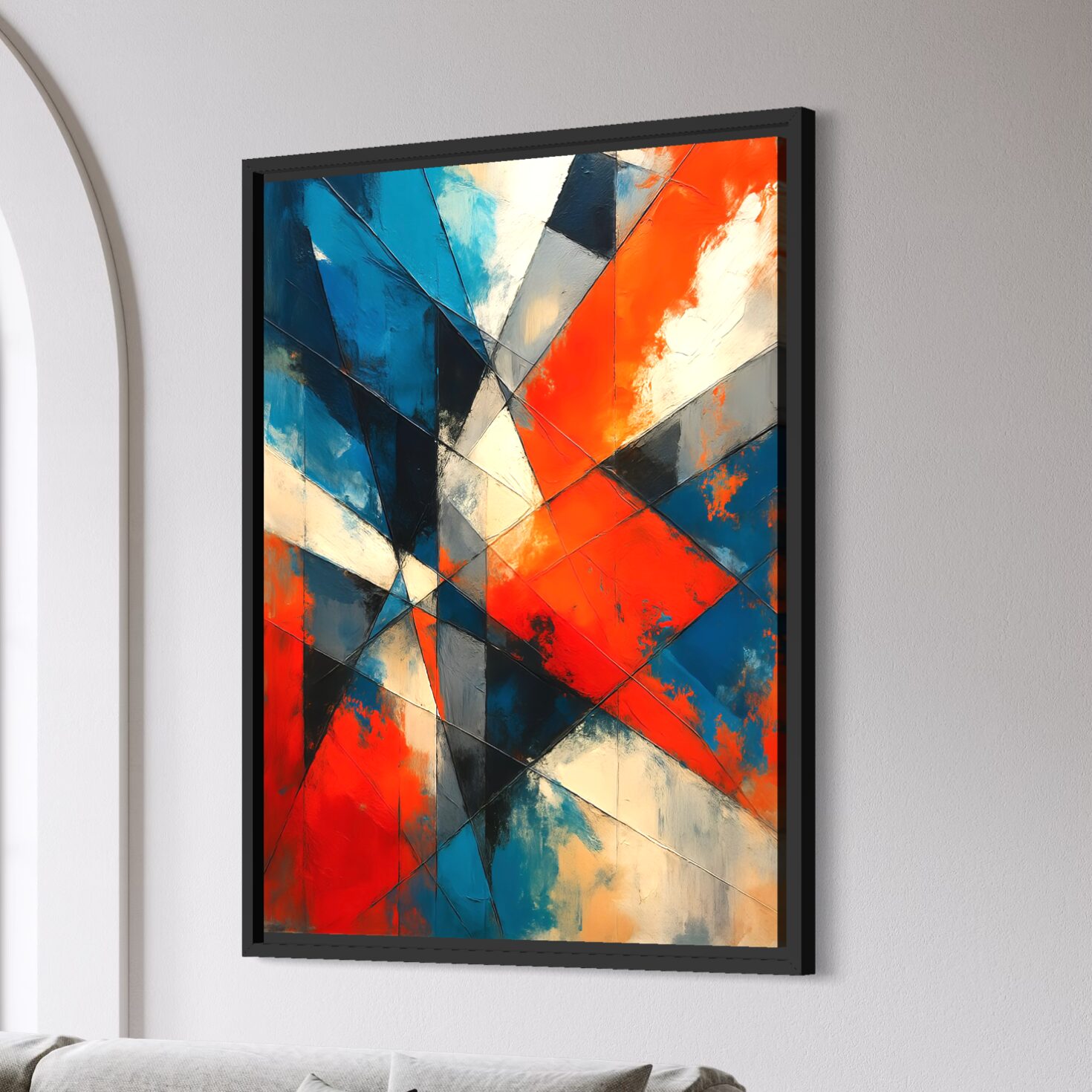 Lignes de Force – Tableau Abstrait Géométrique | SPEKTRA Tableau Lignes de Force encadré noir vu en angle représentant une composition abstraite géométrique aux contrastes bleu, rouge, noir et ivoire