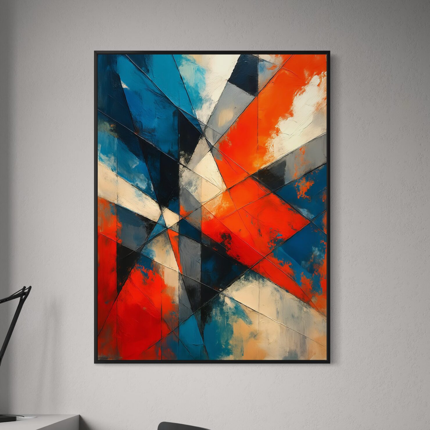 Lignes de Force – Tableau Abstrait Géométrique | SPEKTRA Tableau Lignes de Force encadré noir représentant une composition abstraite géométrique aux formes dynamiques bleues, rouges, noires et blanches