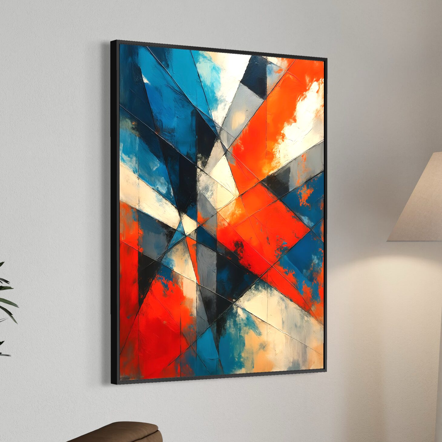 Lignes de Force – Tableau Abstrait Géométrique | SPEKTRA Tableau Lignes de Force encadré noir représentant une composition abstraite géométrique aux lignes dynamiques et couleurs bleu, rouge, noir et blanc