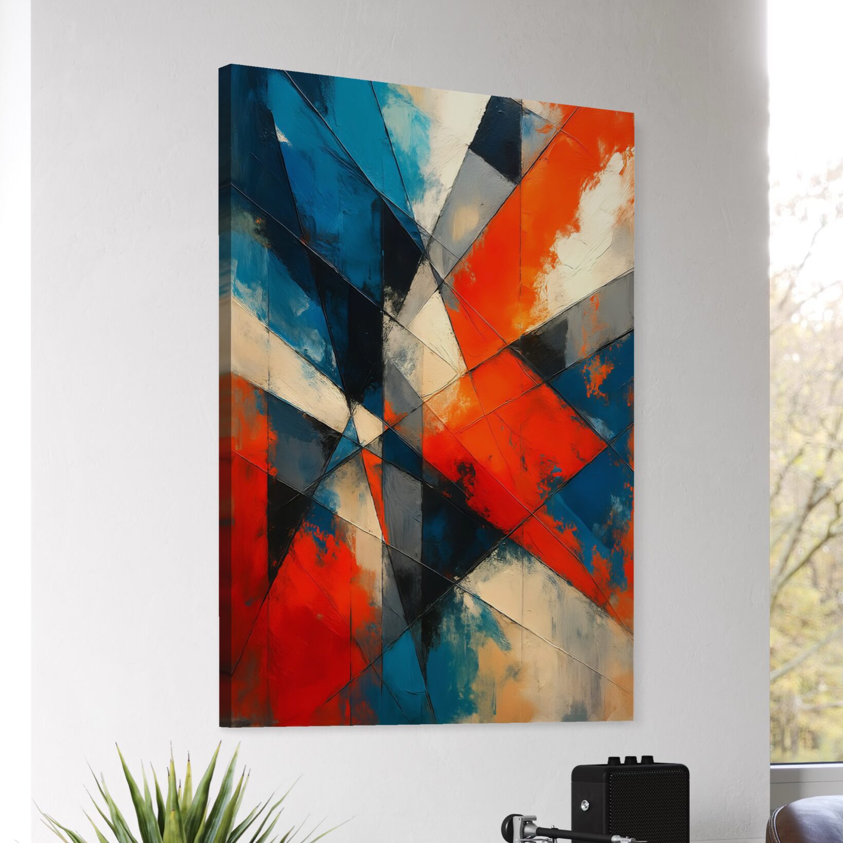 Lignes de Force – Tableau Abstrait Géométrique | SPEKTRA Tableau Lignes de Force imprimé sur toile représentant une composition abstraite géométrique aux couleurs bleu, rouge, noir et ivoire