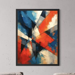 Tableau Lignes de Force encadré noir sur mur béton représentant une composition abstraite géométrique aux couleurs bleu, rouge, noir et ivoire