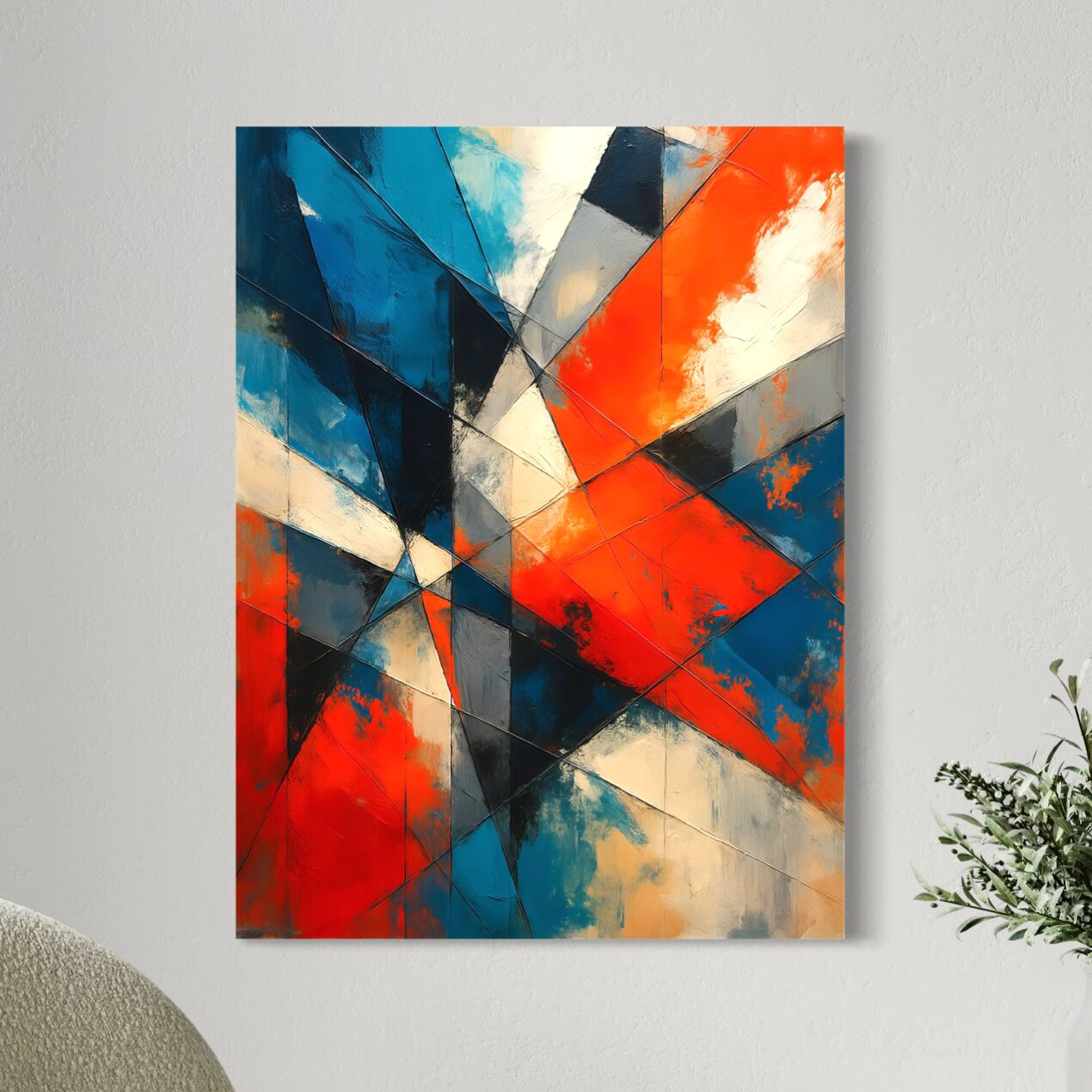 Lignes de Force – Tableau Abstrait Géométrique | SPEKTRA Tableau Lignes de Force représentant une composition abstraite géométrique moderne aux couleurs bleu, rouge, noir et ivoire dans un intérieur contemporain