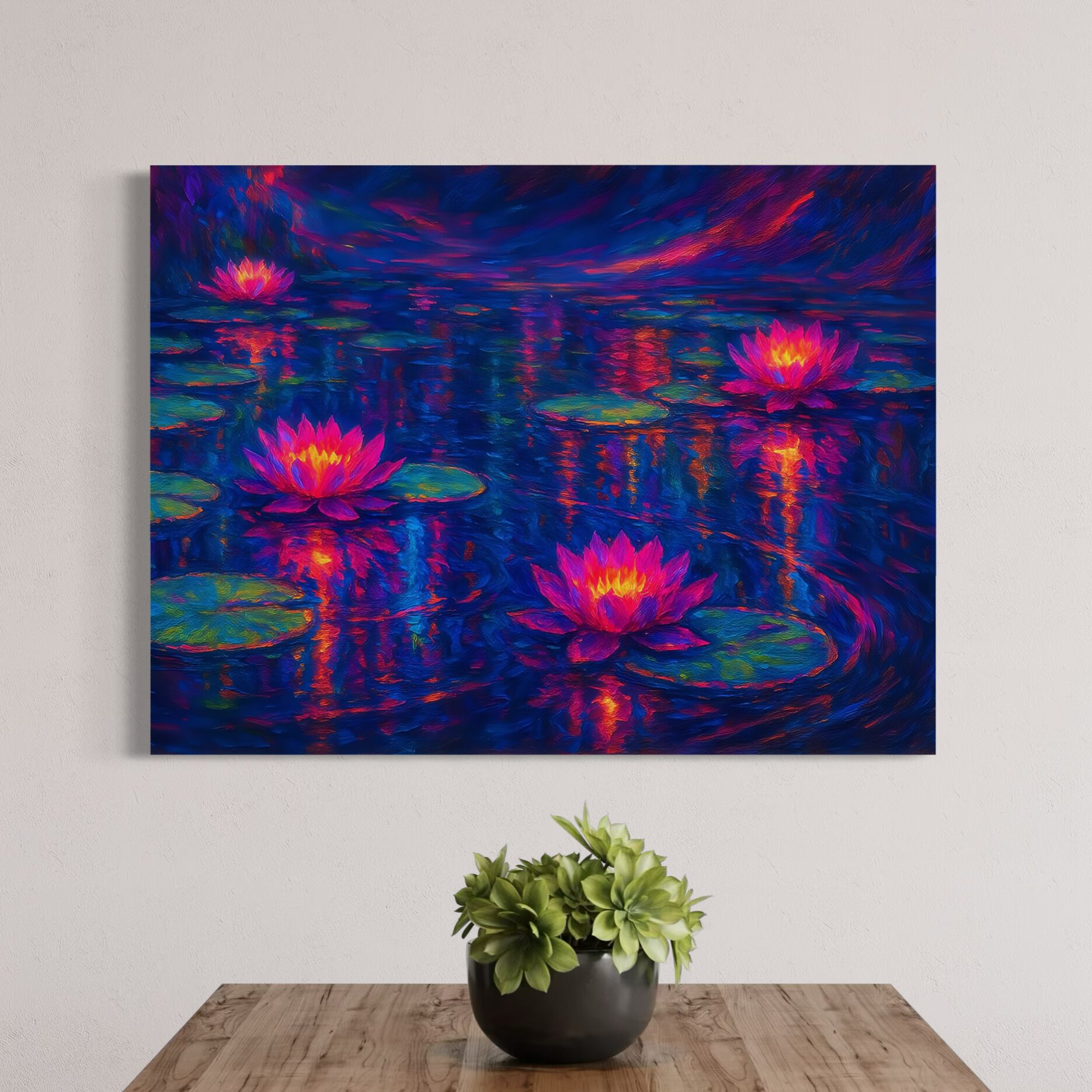 tableau lotus de minuit fleurs de lotus lumineuses décoration murale contemporaine spektra