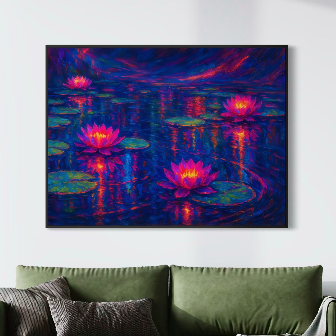 tableau lotus de minuit fleurs de lotus lumineuses décoration murale zen contemporaine spektra