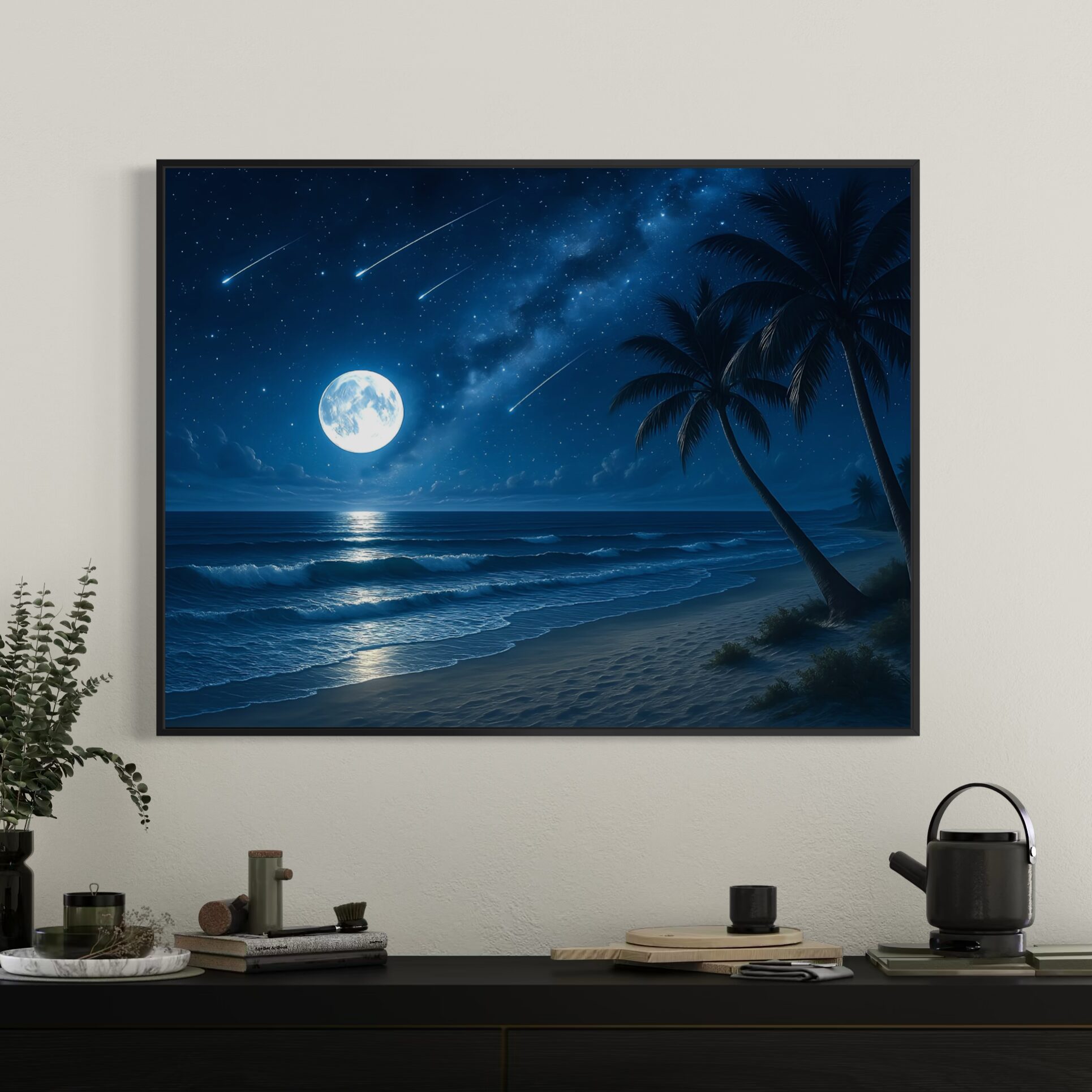 Tableau Lune d’Azur – Paysage Nocturne Contemporain Premium tableau lune azur ocean nocturne pleine lune plage tropicale encadrement noir spektra