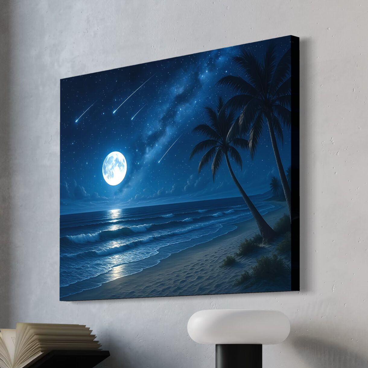 Tableau Lune d’Azur – Paysage Nocturne Contemporain Premium tableau lune azur ocean nocturne pleine lune plage tropicale impression canvas premium spektra