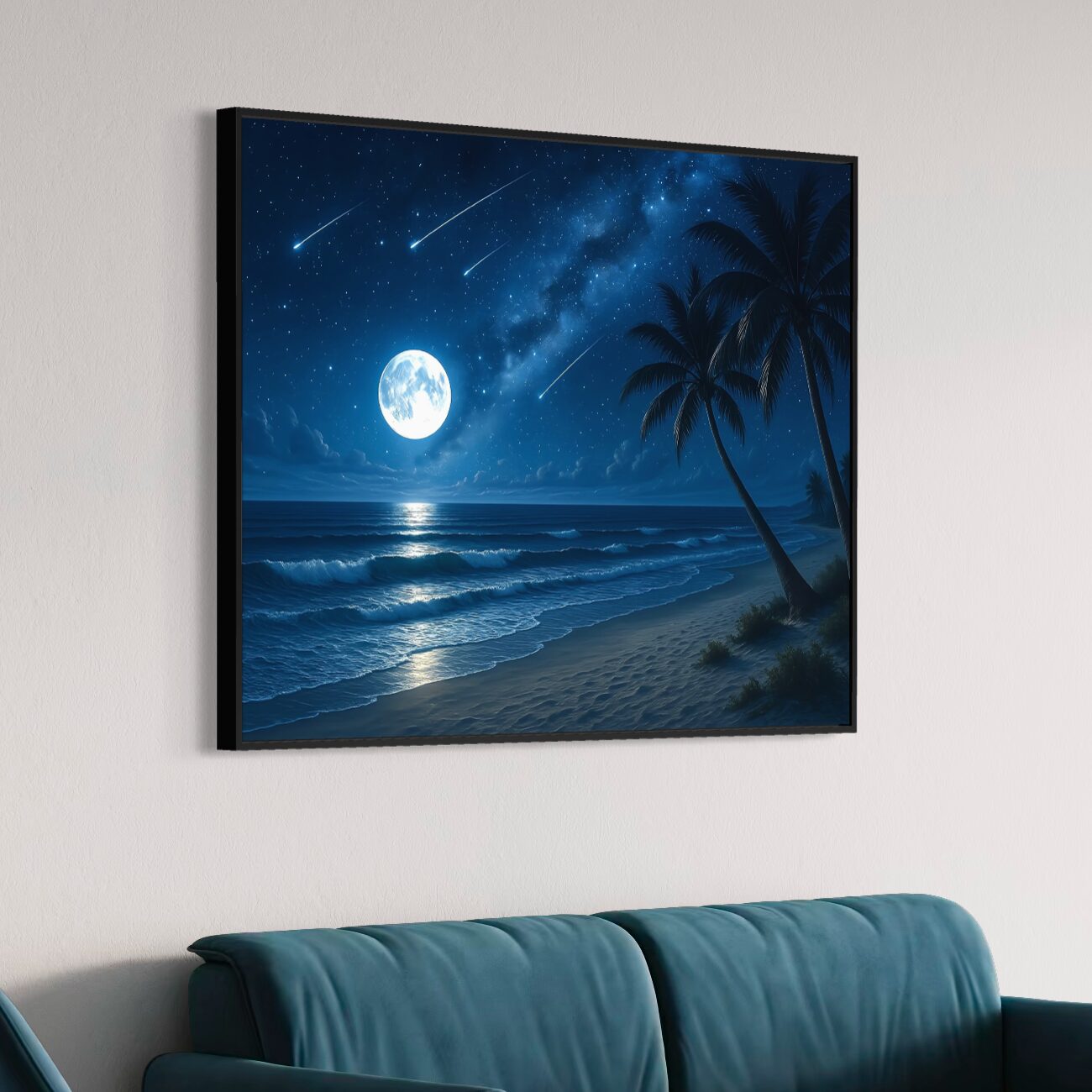 Tableau Lune d’Azur – Paysage Nocturne Contemporain Premium tableau lune azur plage nocturne lune ocean cadre noir contemporain spektra