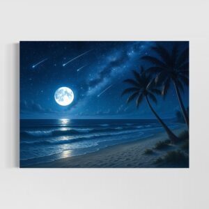 tableau lune azur plage nocturne lune ocean ciel etoile contemporain spektra