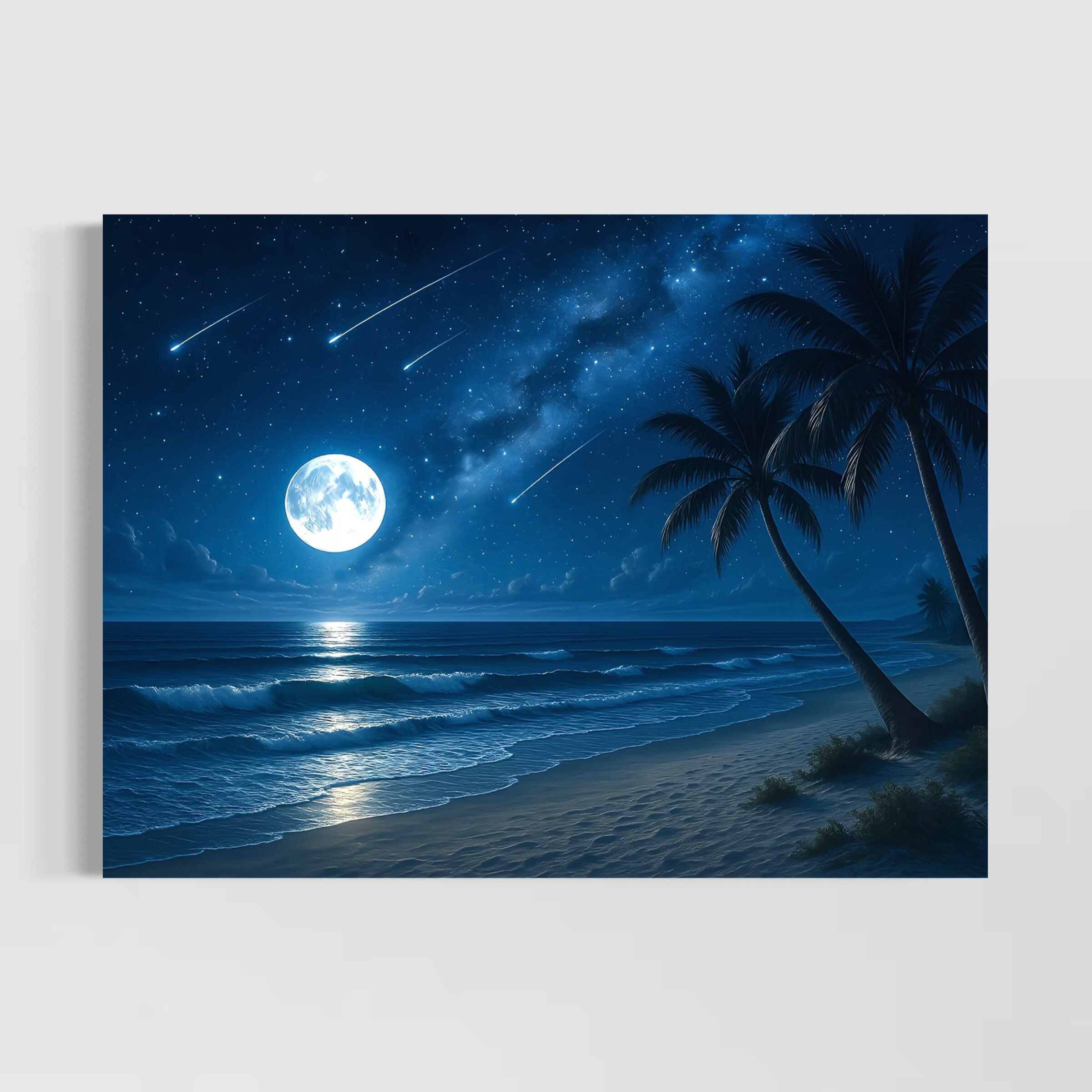Tableau Lune d’Azur – Paysage Nocturne Contemporain Premium tableau lune azur plage nocturne lune ocean ciel etoile contemporain spektra