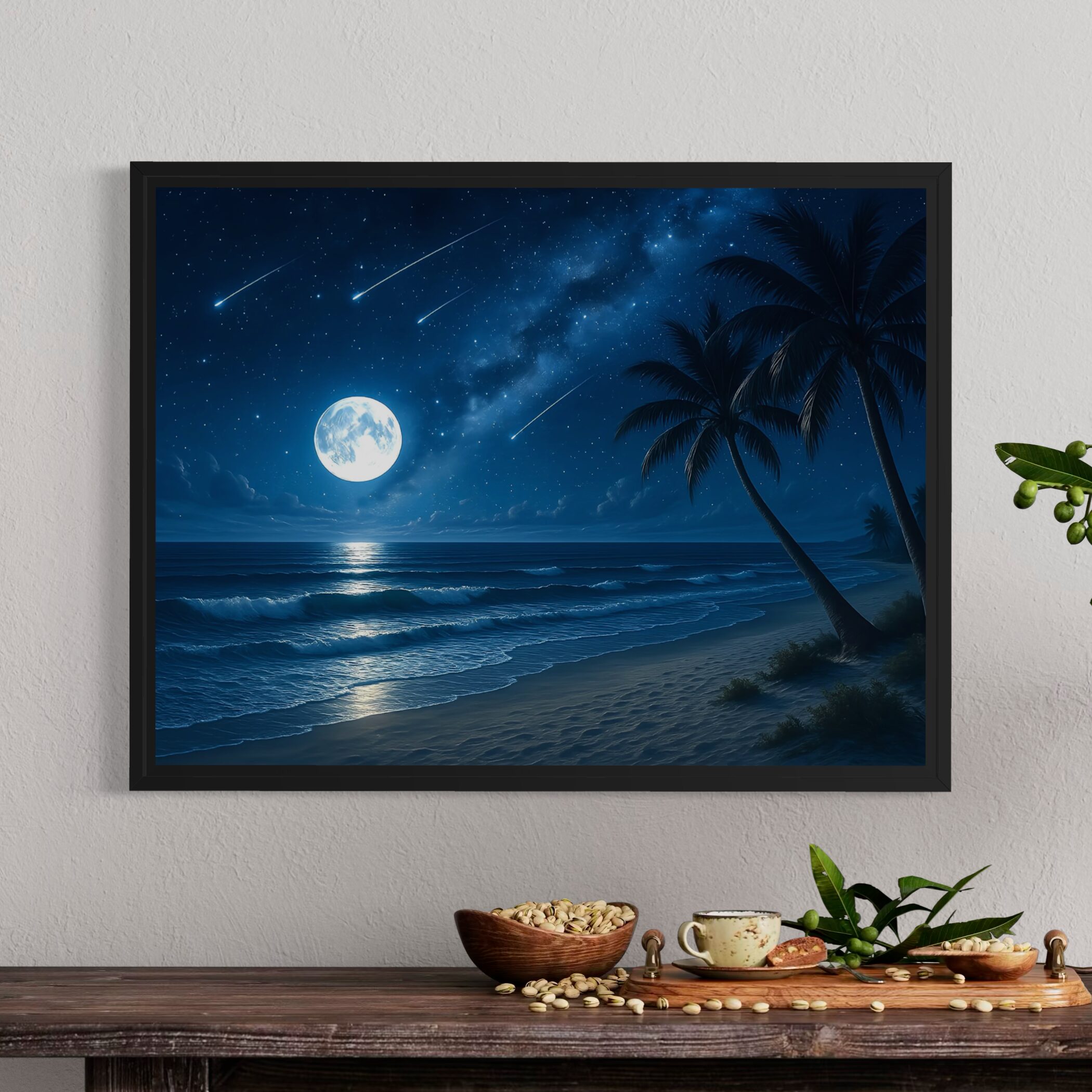 Tableau Lune d’Azur – Paysage Nocturne Contemporain Premium tableau lune azur encadre noir plage nocturne lune ocean ciel etoile spektra