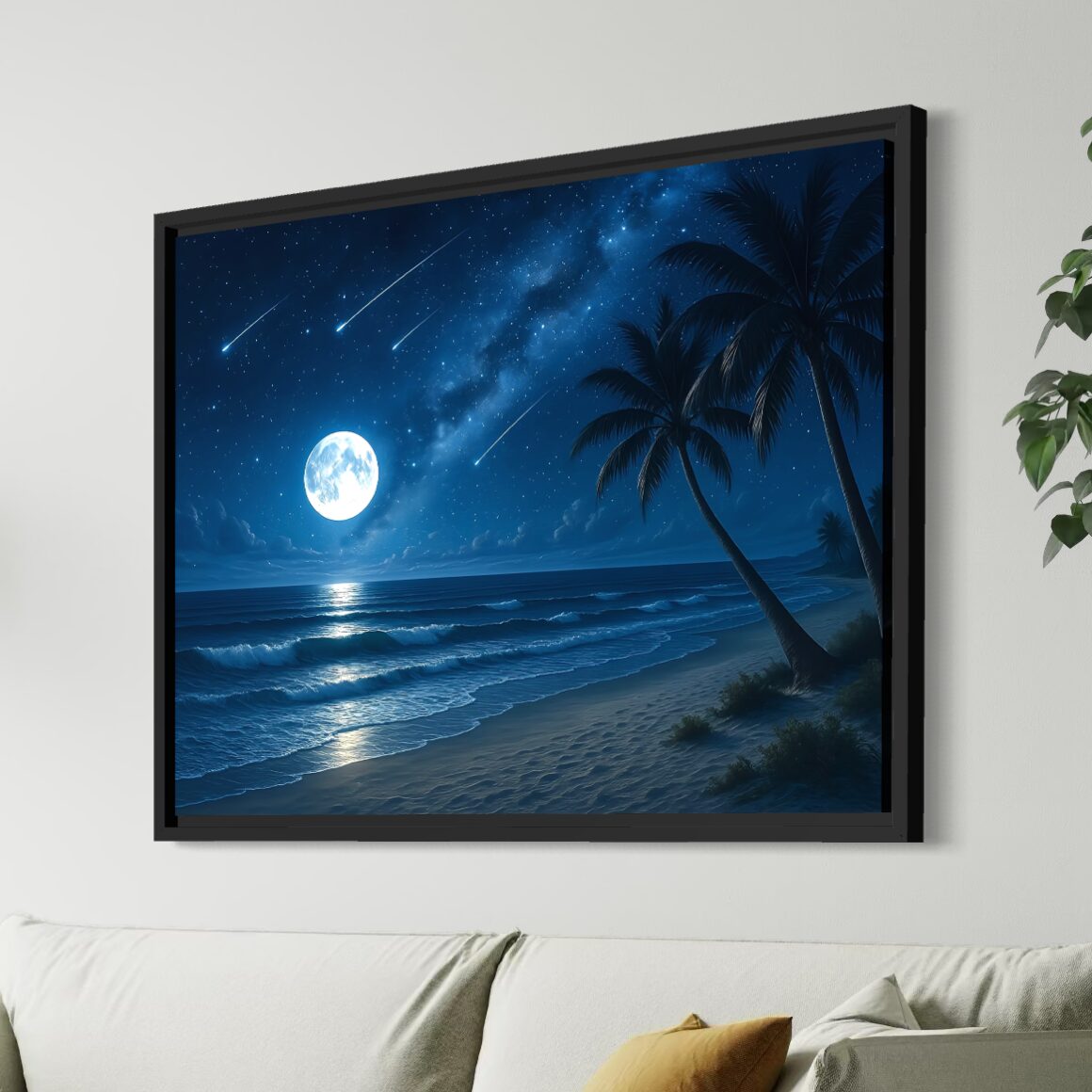 Tableau Lune d’Azur – Paysage Nocturne Contemporain Premium tableau lune azur plage nocturne ocean pleine lune encadrement noir contemporain spektra