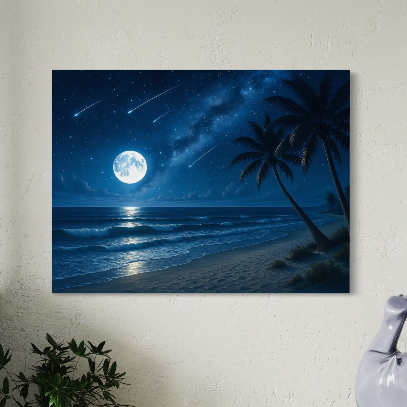 Tableau Lune d’Azur – Paysage Nocturne Contemporain Premium tableau lune azur plage nocturne pleine lune ocean tropical decoration murale spektra