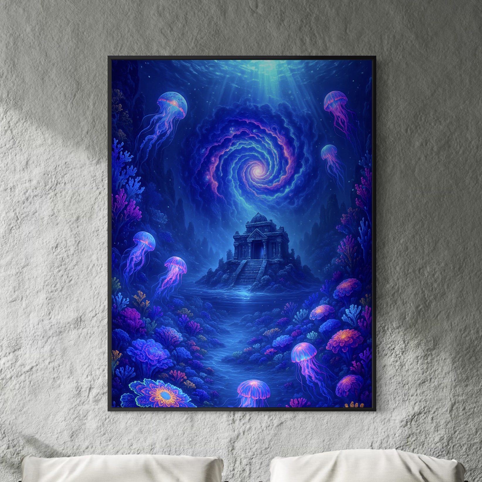 Tableau Monde Sous-Marin Appel des Abysses – Océan Fantastique | SPEKTRA Tableau méduses lumineuses Appel des Abysses avec temple englouti et vortex océanique dans les profondeurs marines