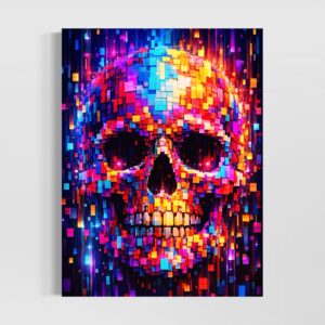 Tableau Memento Pixel représentant un crâne coloré en mosaïque numérique, avec des pixels lumineux rouges, bleus, jaunes et roses sur fond sombre.