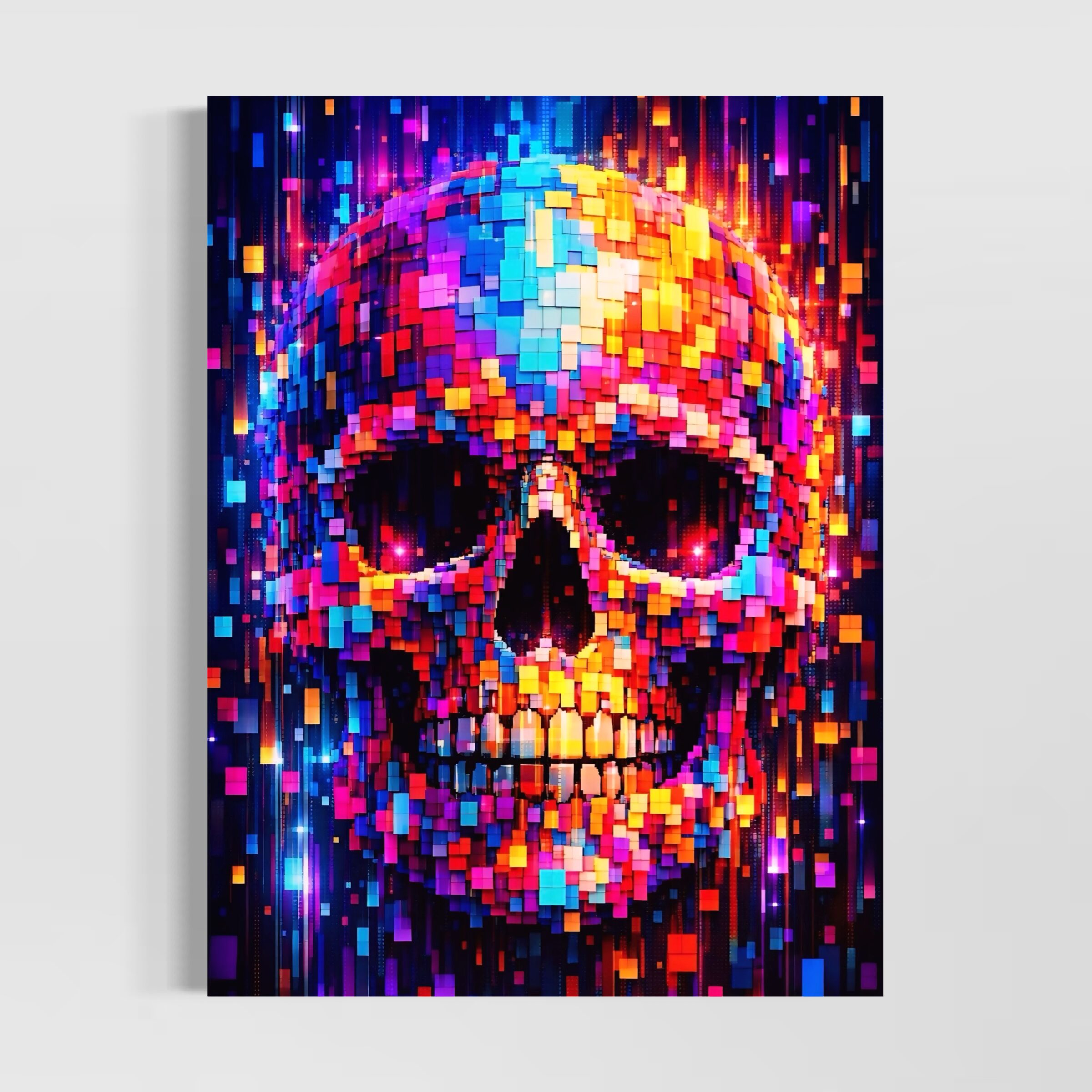 Tableau Memento Pixel représentant un crâne coloré en mosaïque numérique, avec des pixels lumineux rouges, bleus, jaunes et roses sur fond sombre.
