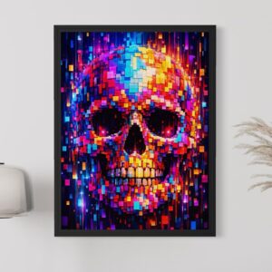 Tableau Memento Pixel encadré en noir, représentant un crâne coloré en mosaïque numérique avec des pixels lumineux sur fond sombre.