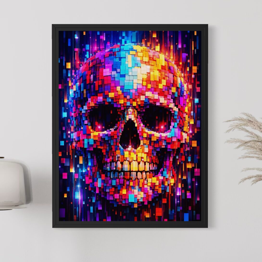 Tableau Memento Pixel encadré en noir, représentant un crâne coloré en mosaïque numérique avec des pixels lumineux sur fond sombre.