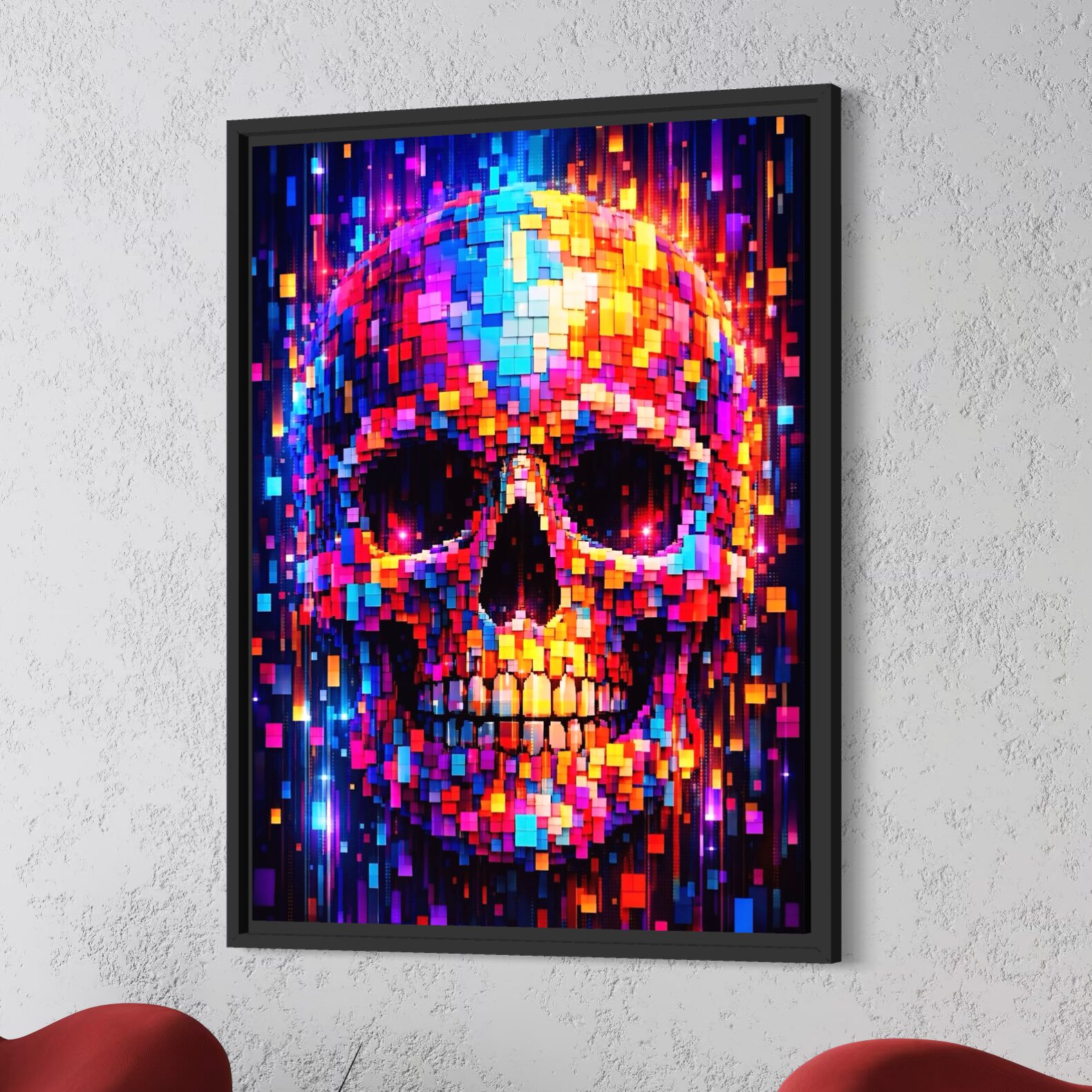 Tableau Memento Pixel encadré en noir sur un mur texturé, représentant un crâne coloré en pixel art lumineux avec des nuances rouges, bleues, jaunes et roses.