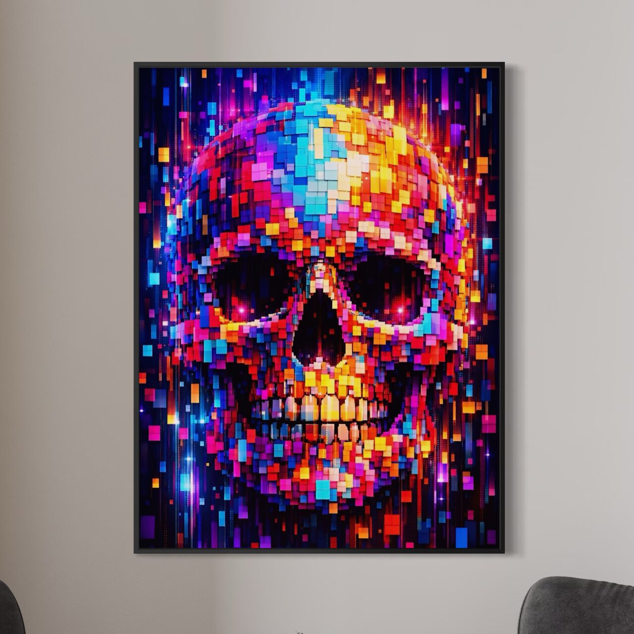 Tableau Memento Pixel encadré en noir dans un salon moderne, représentant un crâne coloré en pixel art lumineux sur fond sombre.