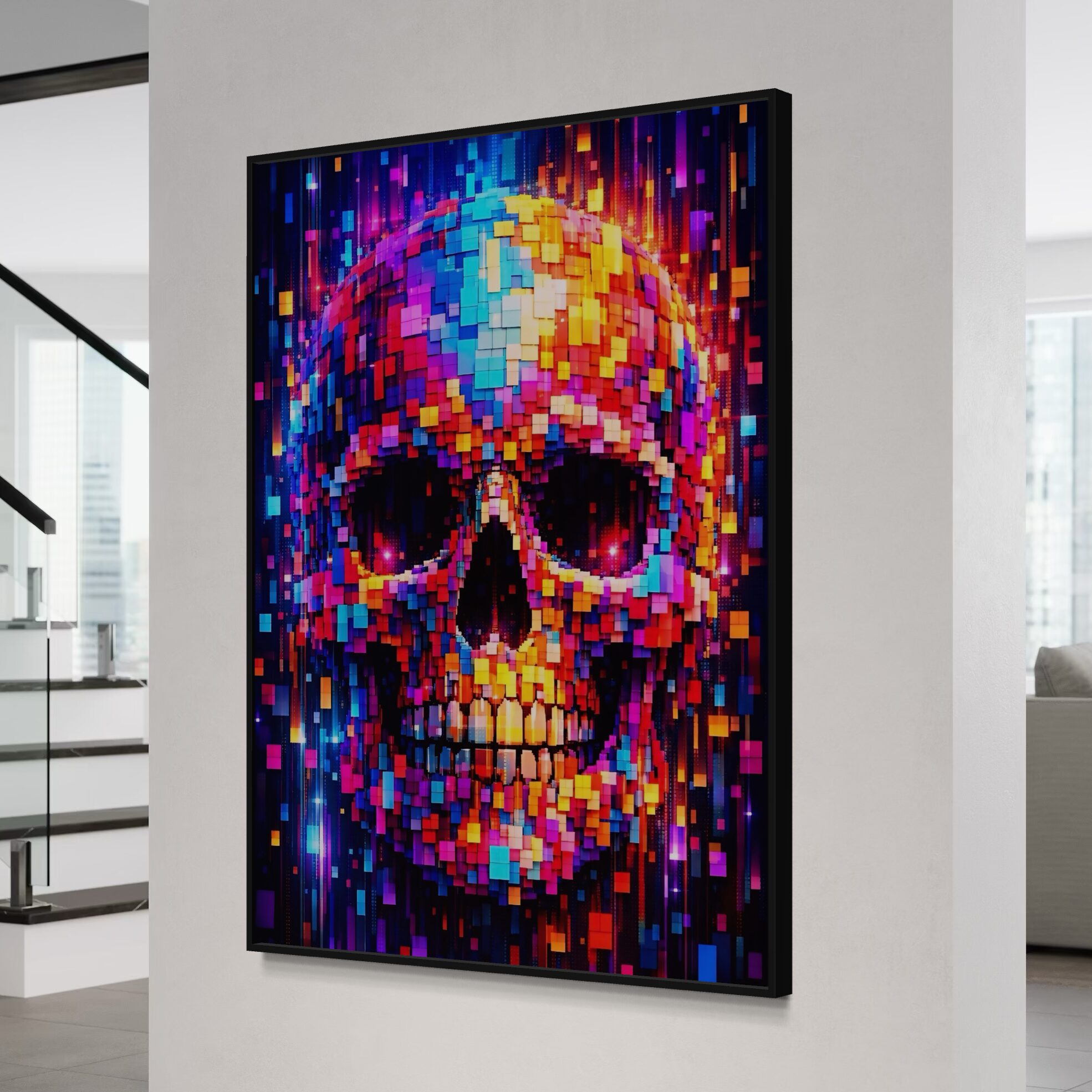 Tableau Memento Pixel en vue latérale avec cadre noir, représentant un crâne coloré en pixel art lumineux dans un intérieur moderne.