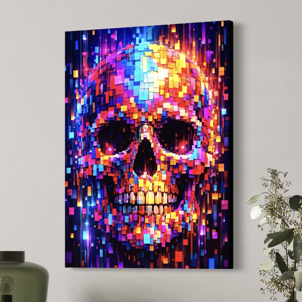 Tableau Memento Pixel en vue latérale, représentant un crâne coloré en pixel art lumineux sur un mur clair avec plante décorative.