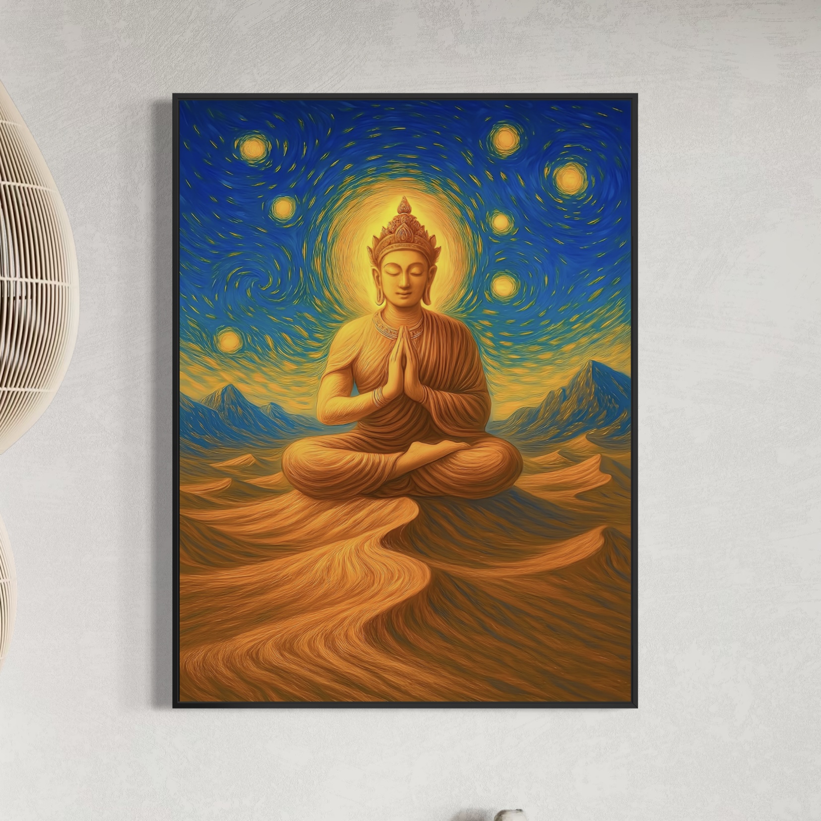 Tableau Bouddha Mirage Sacré - Art Spirituel et Méditation | SPEKTRA Tableau Mirage Sacré représentant un bouddha en méditation au cœur d'un désert doré sous un ciel céleste illuminé d'étoiles et de lumière spirituelle.