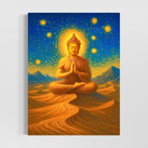 Tableau Mirage Sacré représentant un bouddha en méditation au cœur d'un paysage désertique baigné de lumière dorée sous un ciel étoilé inspiré de l'art spirituel.