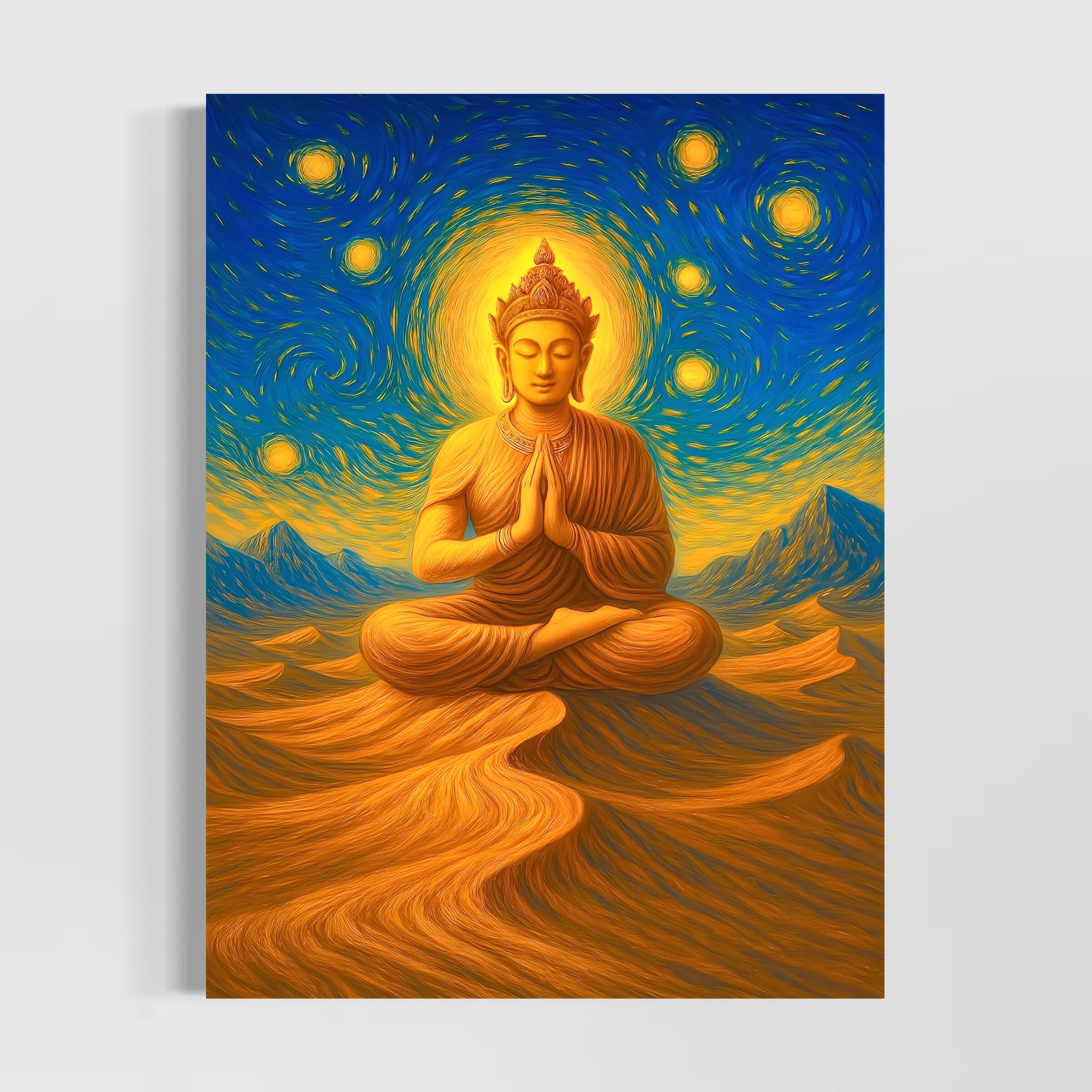 Tableau Bouddha Mirage Sacré - Art Spirituel et Méditation | SPEKTRA Tableau Mirage Sacré représentant un bouddha en méditation au cœur d'un paysage désertique baigné de lumière dorée sous un ciel étoilé inspiré de l'art spirituel.