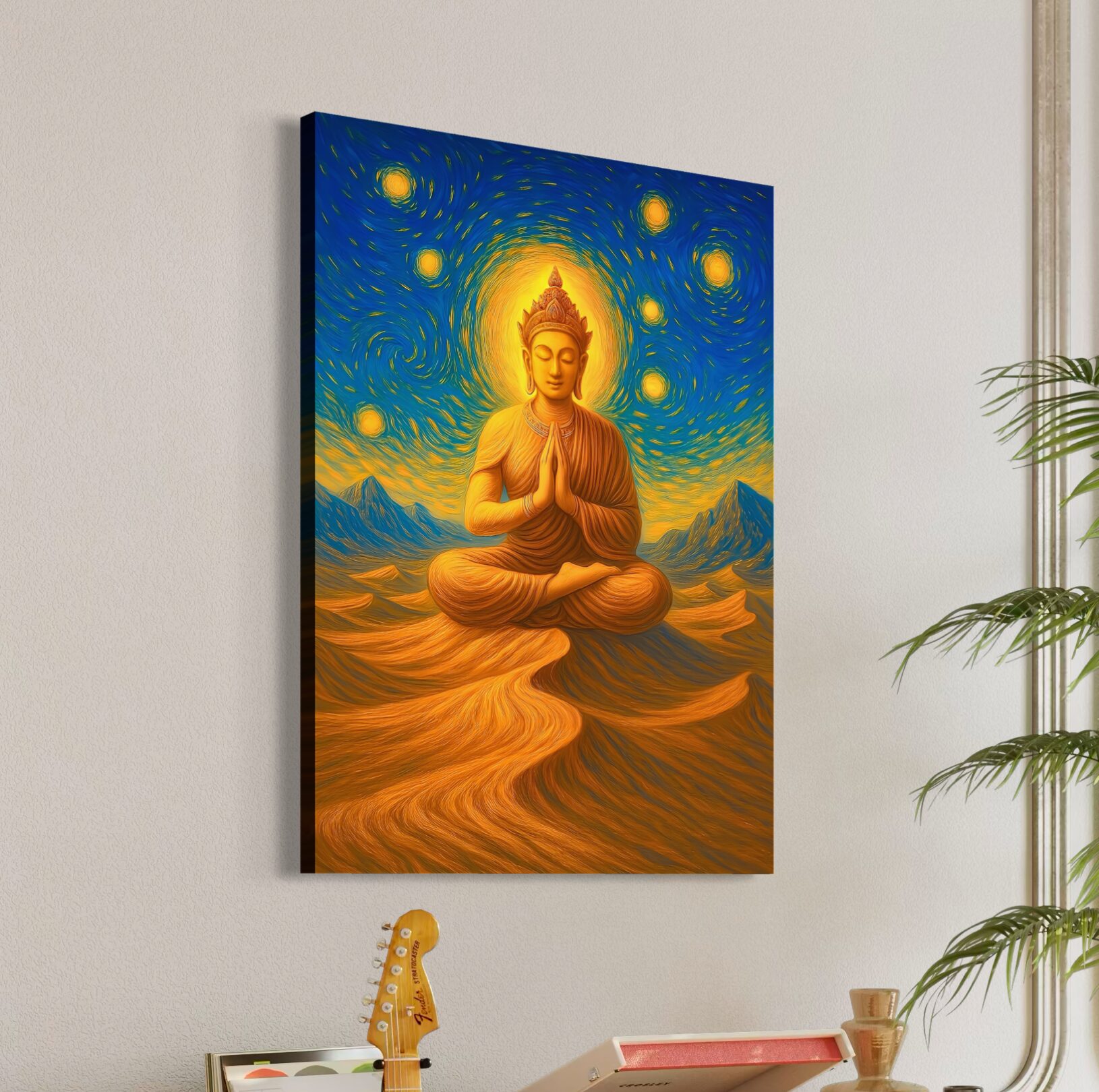 Tableau Bouddha Mirage Sacré - Art Spirituel et Méditation | SPEKTRA Tableau encadré Mirage Sacré représentant un bouddha en méditation au cœur d'un désert doré sous un ciel étoilé lumineux.