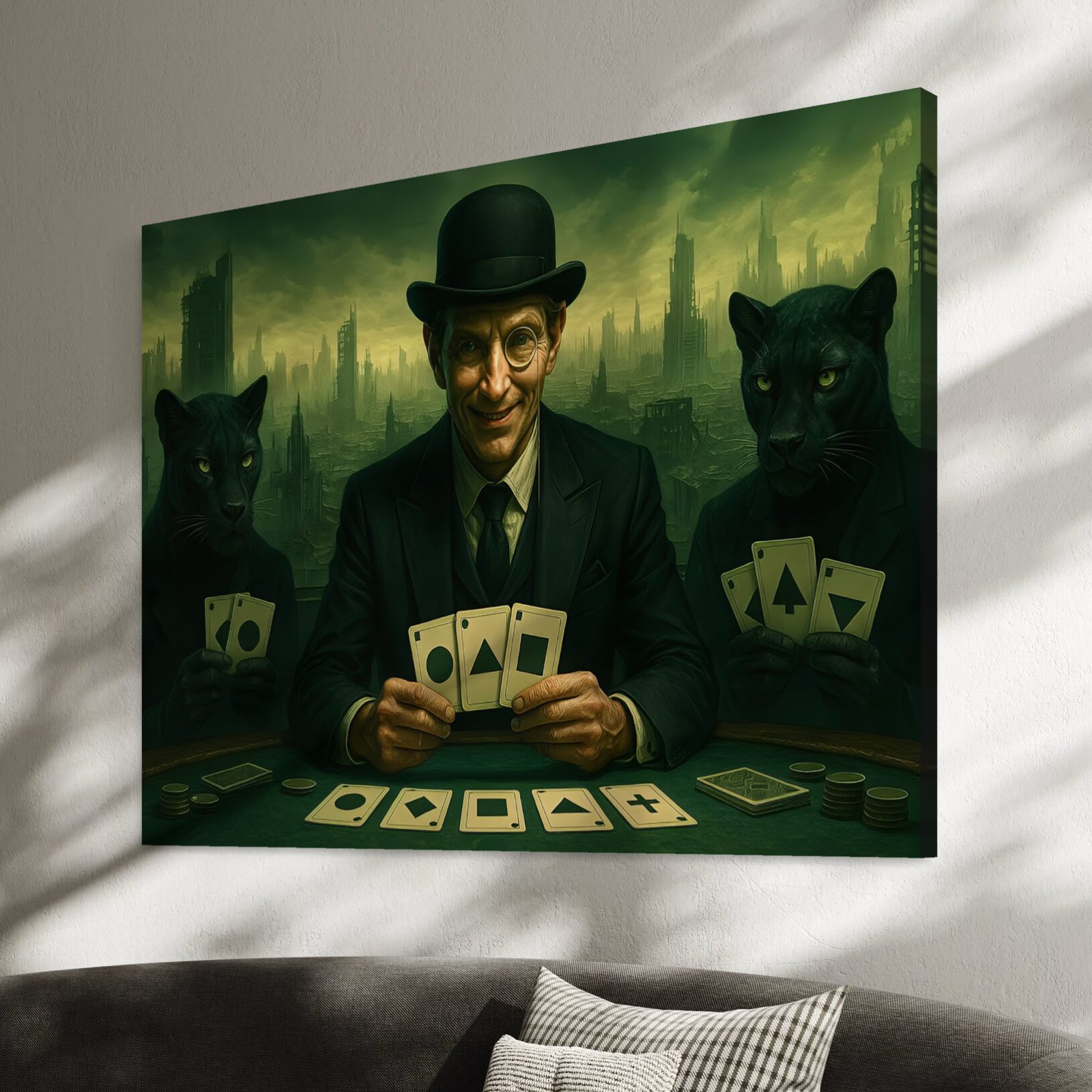 Tableau Mise Finale – Joueur de Cartes et Panthères Noires Tableau Mise Finale installé au-dessus d’un canapé gris, représentant un joueur de cartes entouré de deux panthères noires dans une ambiance verte et mystérieuse.