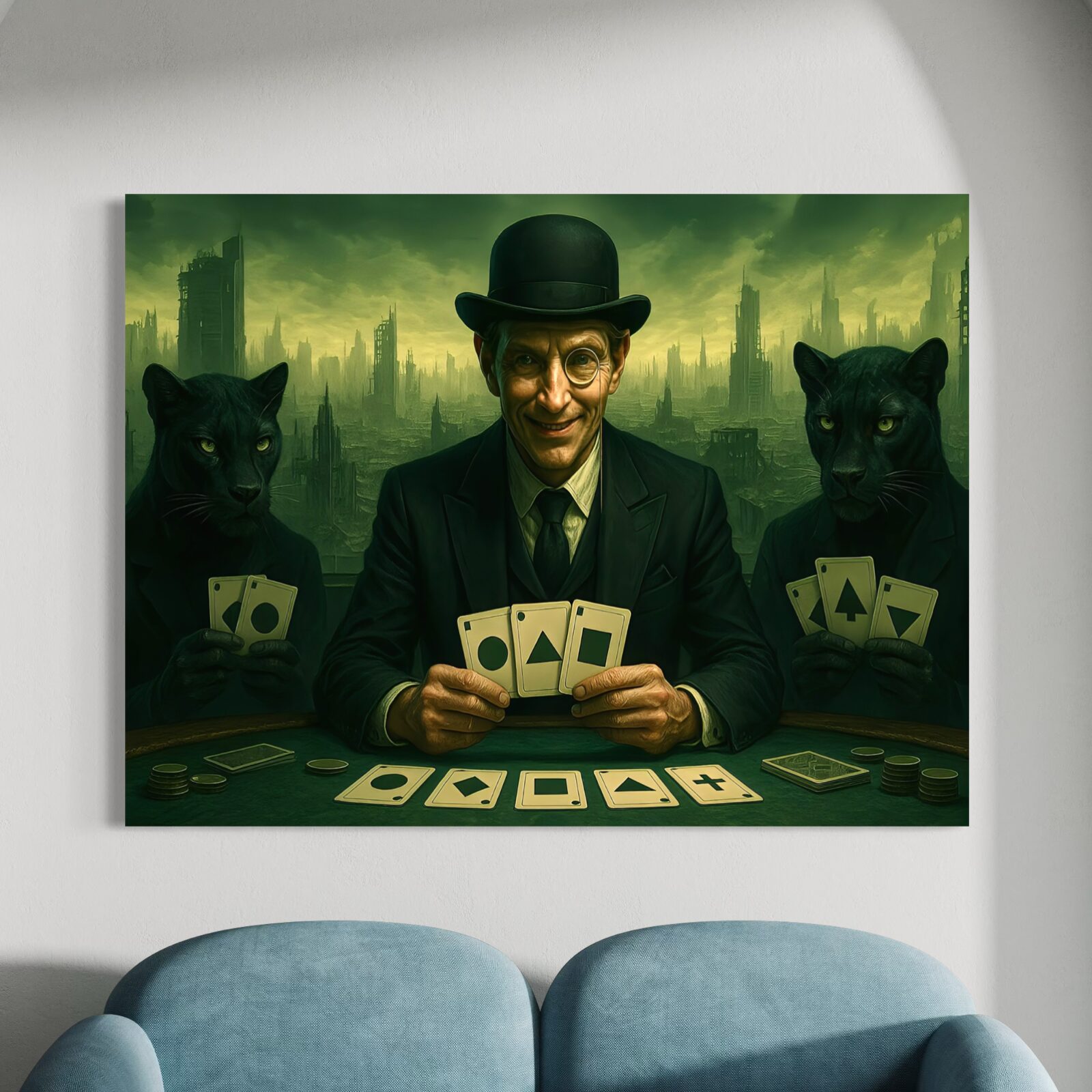 Tableau Mise Finale – Joueur de Cartes et Panthères Noires Tableau Mise Finale installé au-dessus de fauteuils bleus, représentant un joueur de cartes entouré de deux panthères noires dans une ambiance sombre.