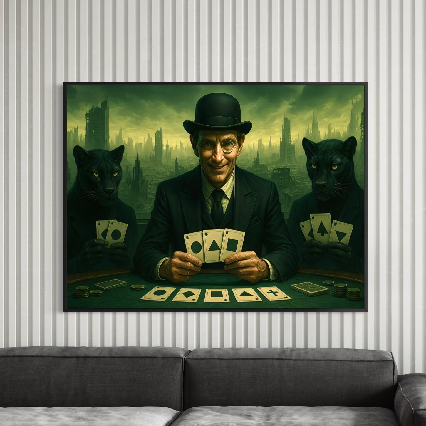 Tableau Mise Finale – Joueur de Cartes et Panthères Noires Tableau Mise Finale installé au-dessus d’un canapé gris, représentant un joueur de cartes entouré de deux panthères noires dans une ambiance sombre.