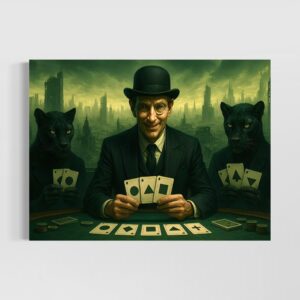 Tableau Mise Finale représentant un homme élégant avec chapeau melon tenant des cartes, entouré de deux panthères noires dans une ville sombre.