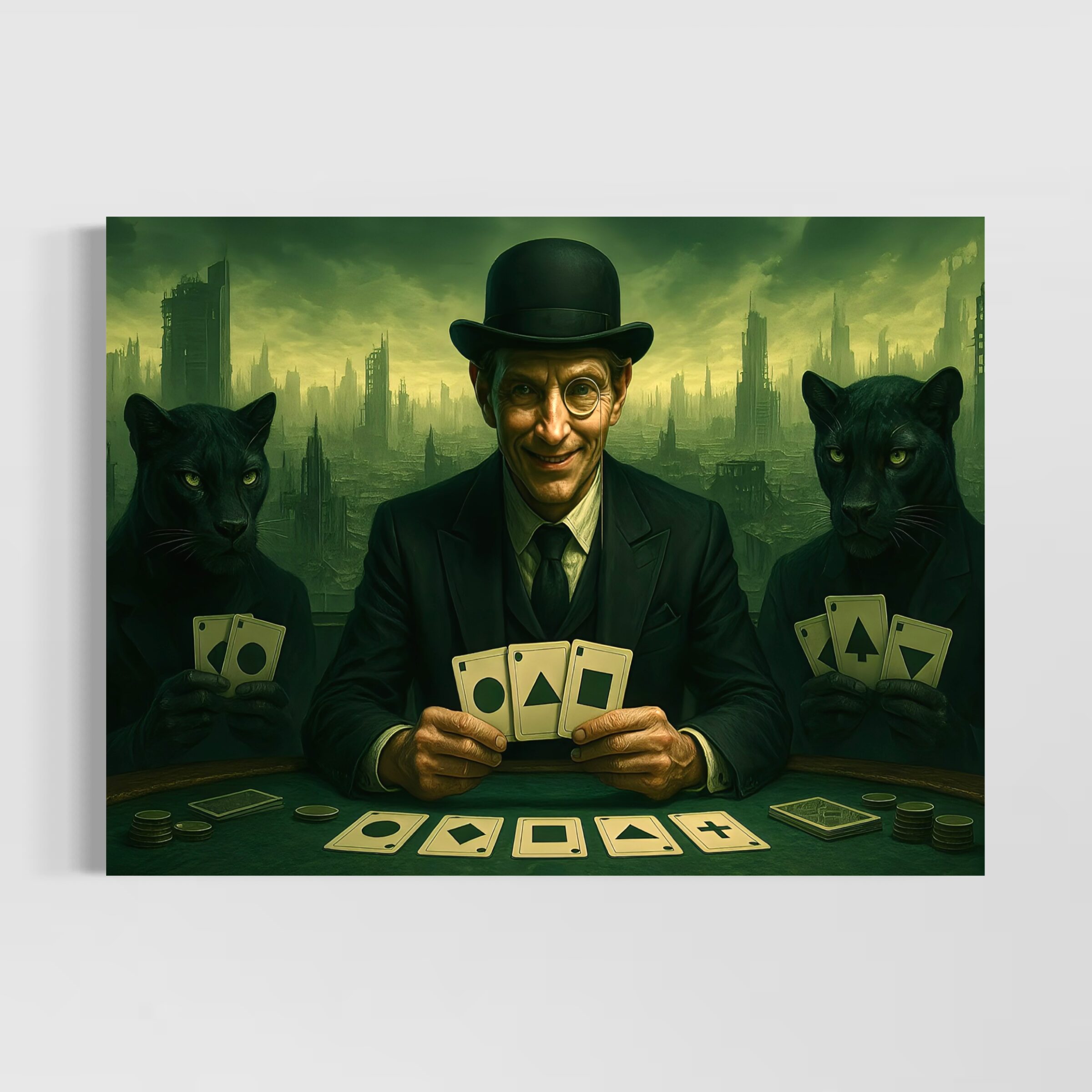 Tableau Mise Finale – Joueur de Cartes et Panthères Noires Tableau Mise Finale représentant un homme élégant avec chapeau melon tenant des cartes, entouré de deux panthères noires dans une ville sombre.