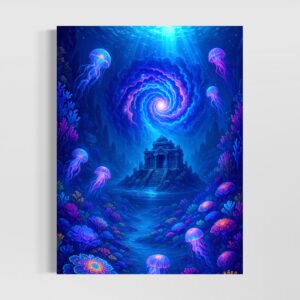 Tableau monde sous-marin Appel des Abysses avec méduses lumineuses, temple englouti et vortex océanique mystérieux