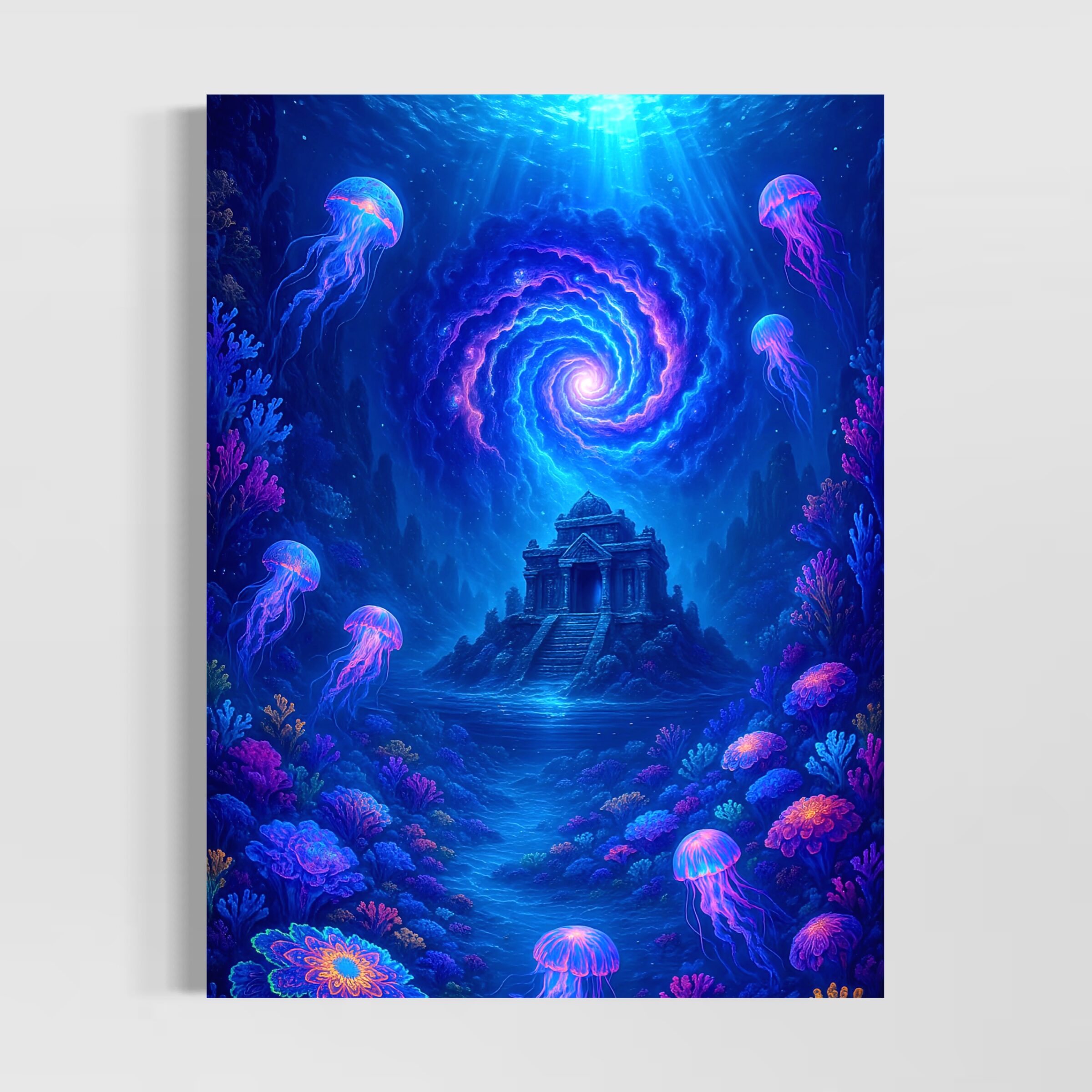 Tableau Monde Sous-Marin Appel des Abysses – Océan Fantastique | SPEKTRA Tableau monde sous-marin Appel des Abysses avec méduses lumineuses, temple englouti et vortex océanique mystérieux