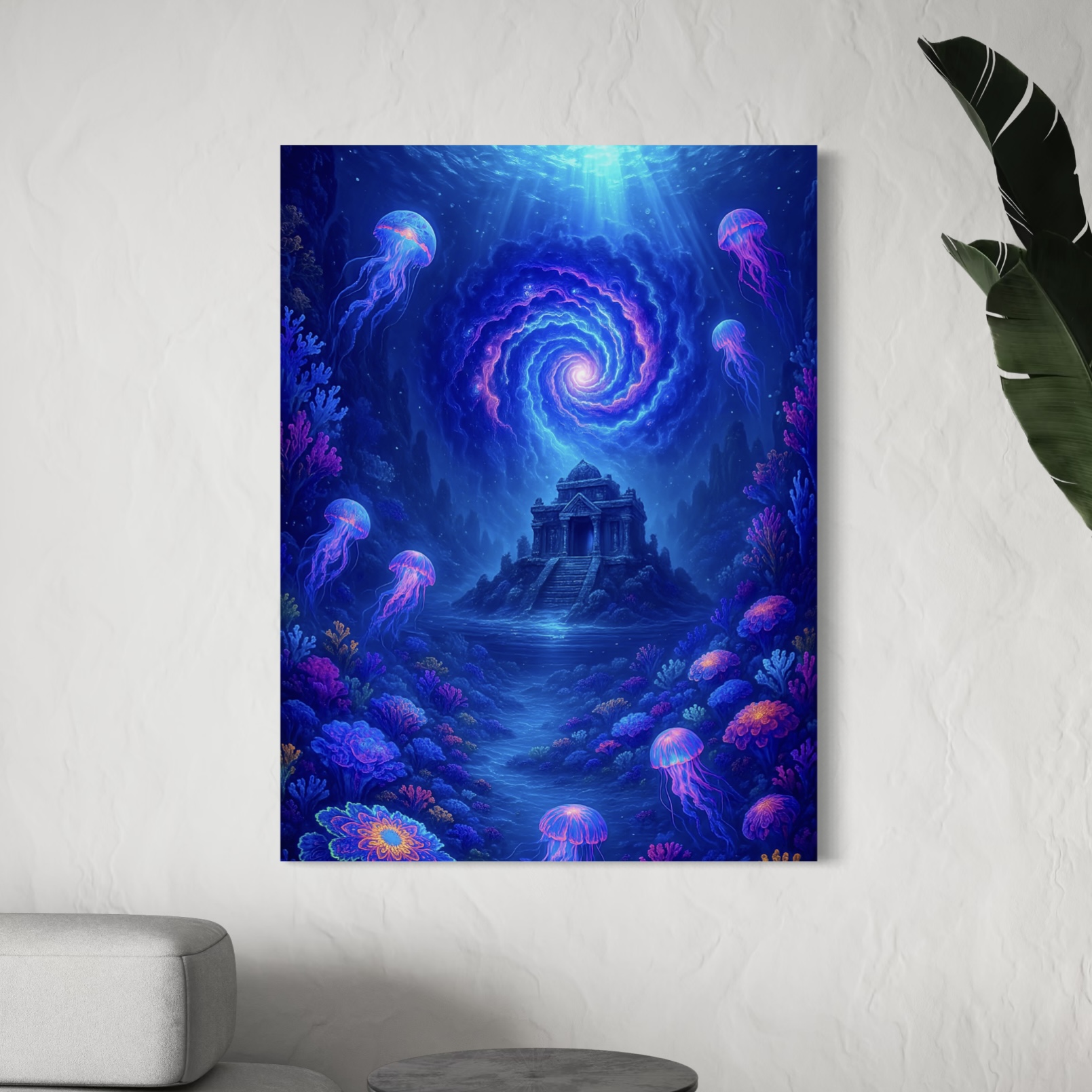 Tableau Monde Sous-Marin Appel des Abysses – Océan Fantastique | SPEKTRA Tableau monde sous-marin Appel des Abysses avec temple englouti, méduses lumineuses et vortex océanique dans les profondeurs marines