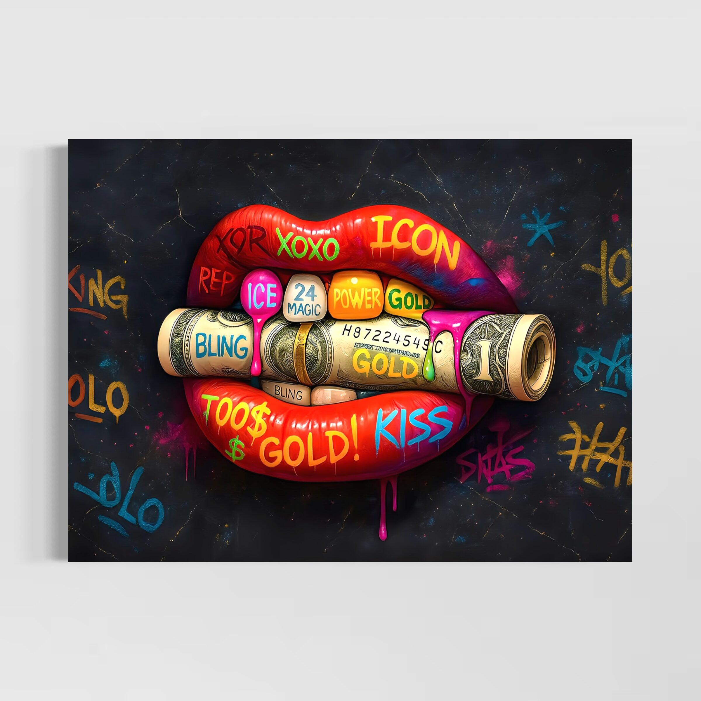 Tableau Morsure Cash – Pop Art Luxe et Argent | SPEKTRA Tableau Morsure Cash représentant des lèvres rouges tenant un rouleau de billets dans un univers pop art inspiré du luxe et de la consommation.
