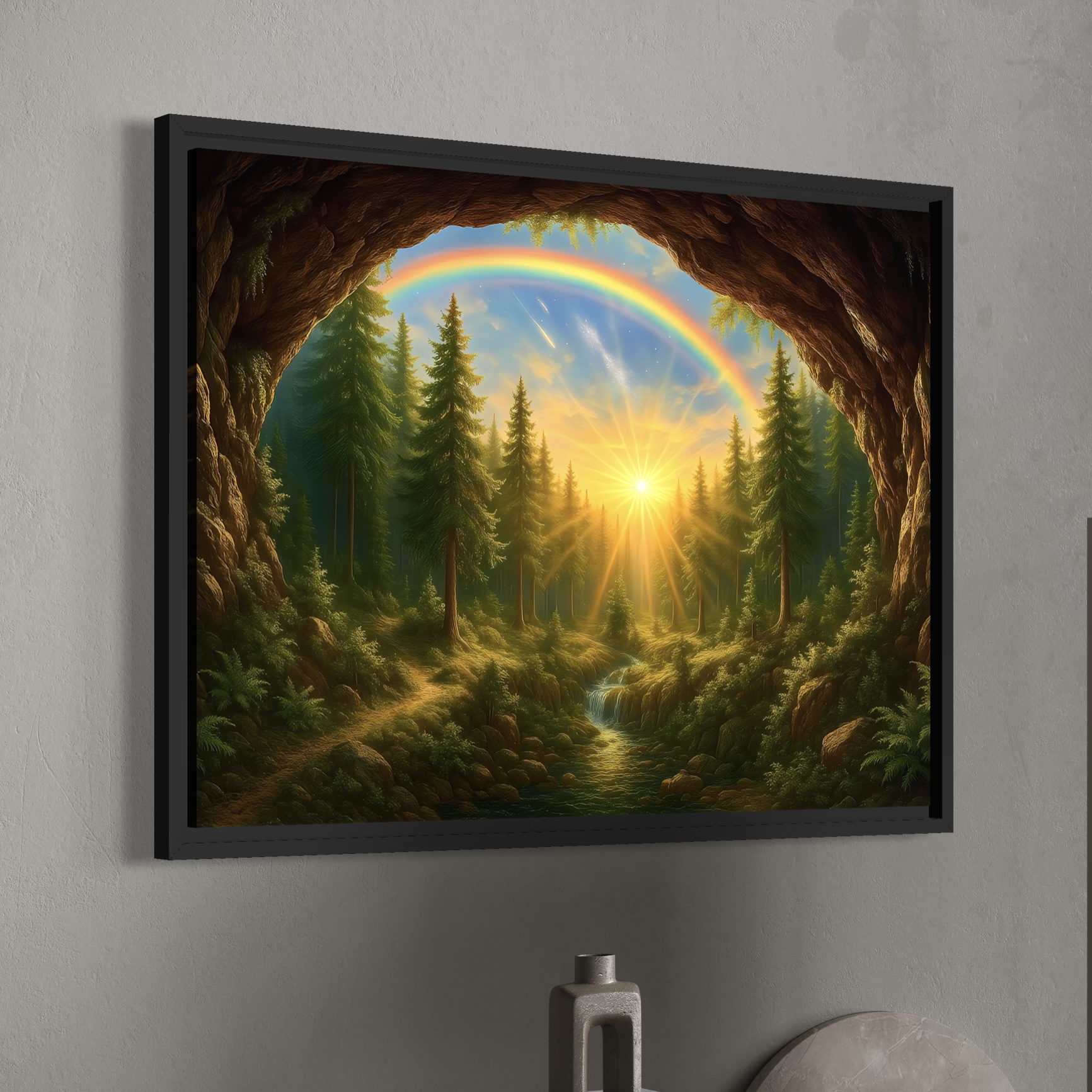 Naissance du Jour – Tableau Paysage Fantastique | SPEKTRA Tableau Naissance du Jour encadré dans un cadre noir représentant un paysage fantastique avec lever de soleil, forêt et arc-en-ciel dans un intérieur contemporain