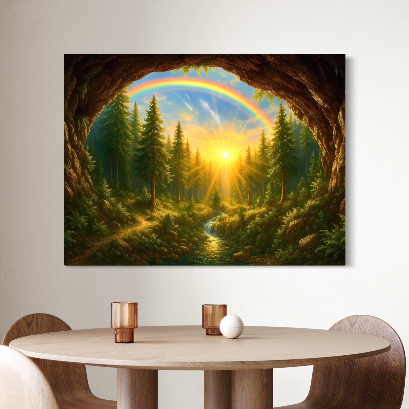 Naissance du Jour – Tableau Paysage Fantastique | SPEKTRA Tableau Naissance du Jour représentant un paysage fantastique lumineux avec lever de soleil, forêt verdoyante et arc-en-ciel dans une salle à manger contemporaine