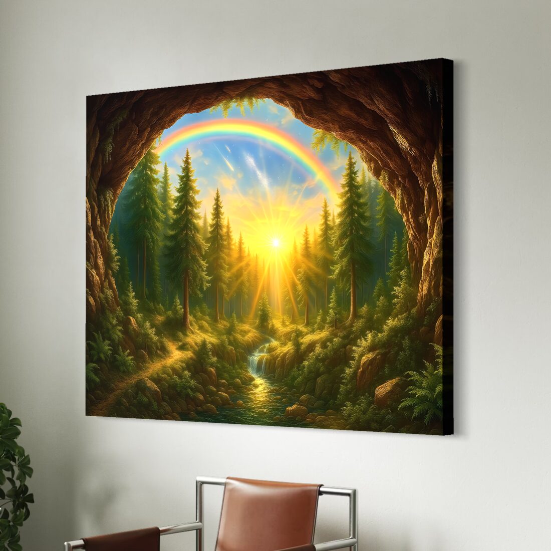 Naissance du Jour – Tableau Paysage Fantastique | SPEKTRA Tableau Naissance du Jour imprimé sur toile canvas représentant un paysage fantastique avec lever de soleil, forêt et arc-en-ciel dans un intérieur contemporain